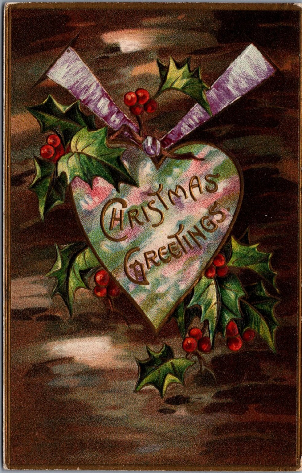 1910 Embossed Christmas Greetings Heart Holly Berries Postcard Germany