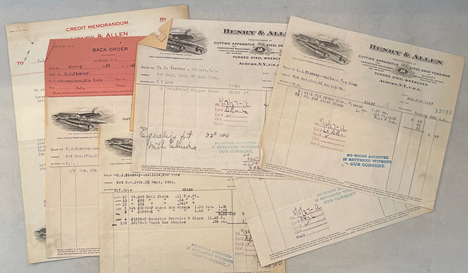 1927 Henry & Allen Auburn NY Invoices Letterhead Lot of 9 Farm Tool Ephemera
