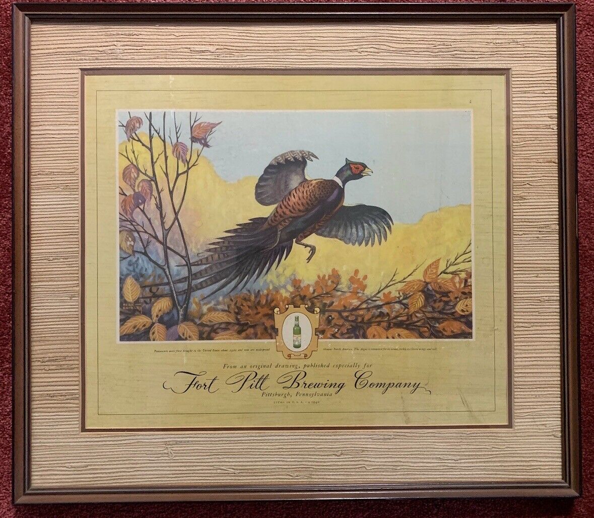 Fort Pitt Brewing Company Advertising Lithograph 1940- Framed
