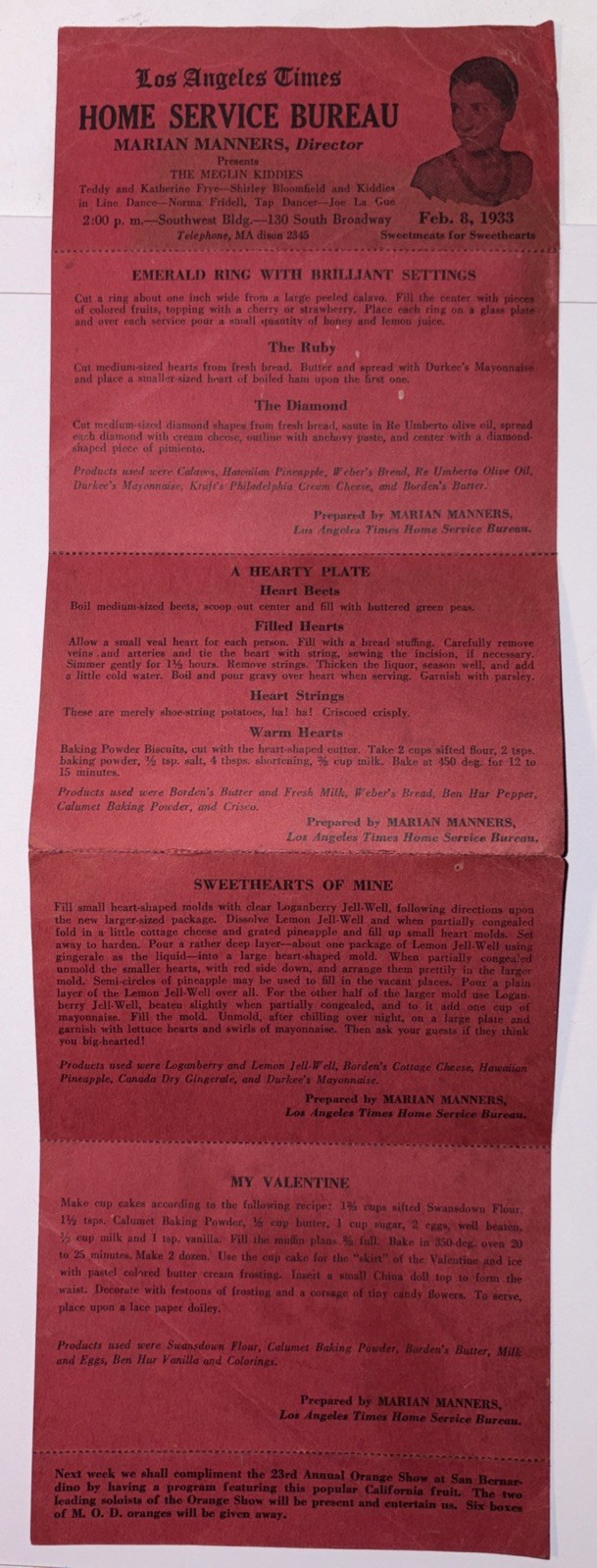 Marian Manners Perforated Recipe Cards Valentines Day Theme L.A. Times 1933 Rare