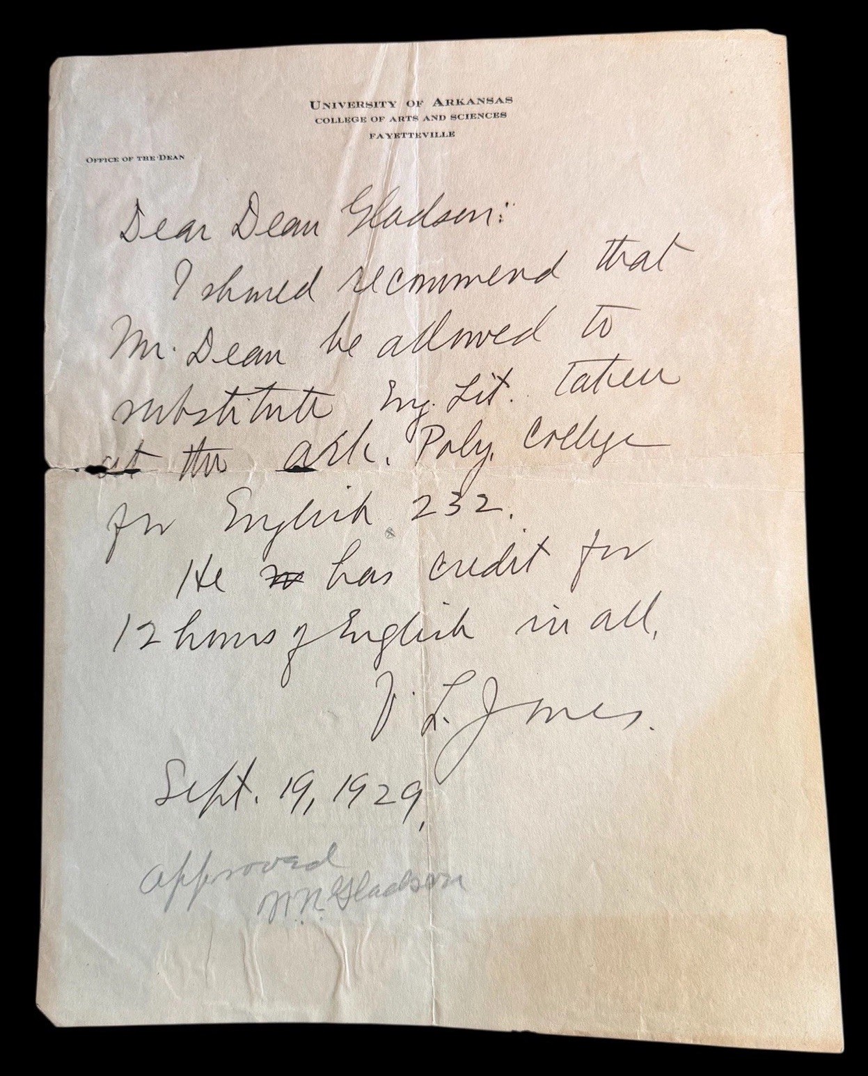 1929 University Of Arkansas College Of Arts And Sciences Letter Office Of Dean
