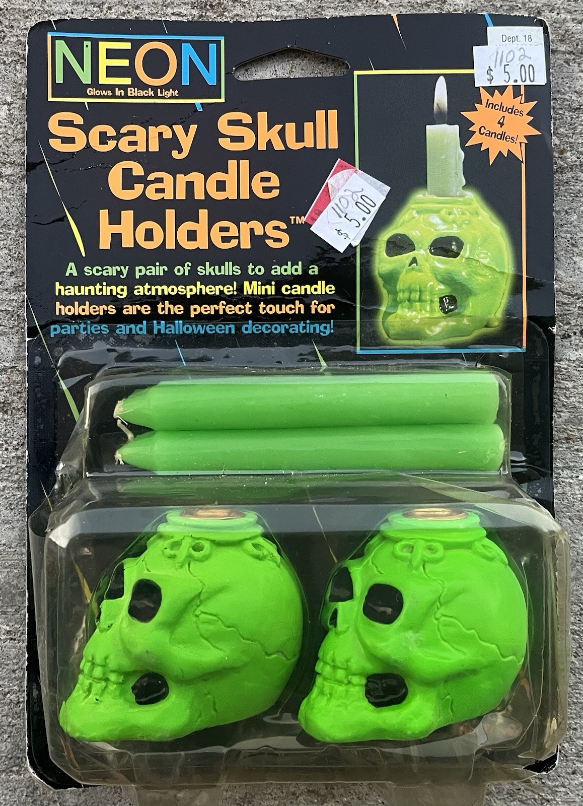 Vintage Scary Skull Candle Holders Green 1990\'s Y2k Neon Glow in Dark New NIB