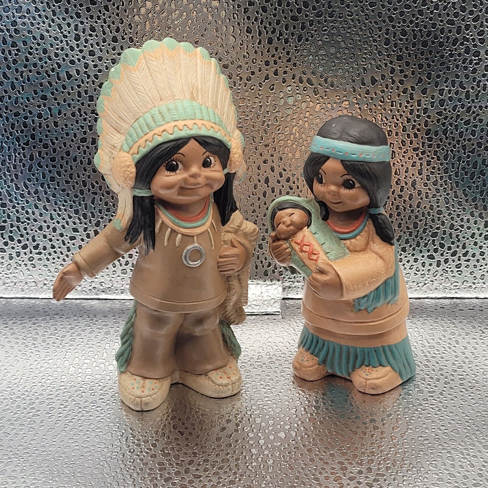 VINTAGE INDIAN-Native American Figurines-Boy Girl Baby-Thanksgiving-FALL-Autumn