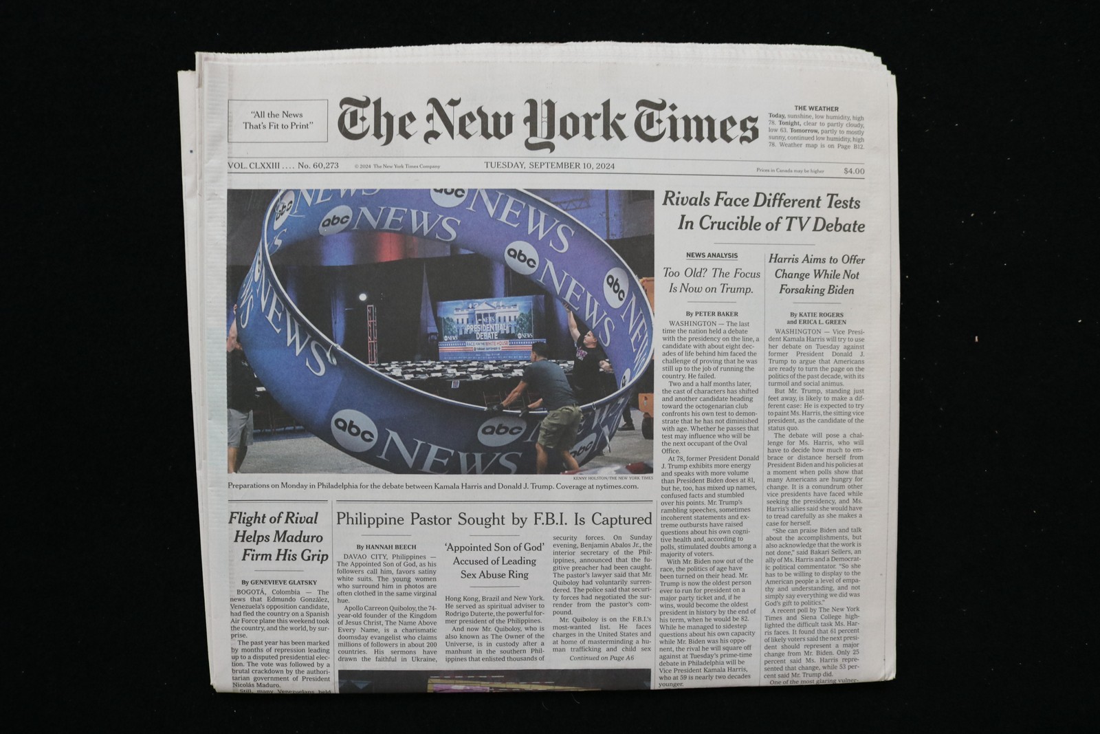 2024 SEP 10 NEW YORK TIMES -RIVALS FACE DIFFERENT TESTS IN CRUCIBLE OF TV DEBATE