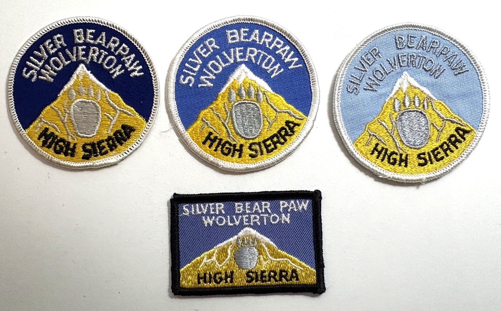 4 different Silver Bear Paw, Wolverton, High Sierra, hike trail award patches
