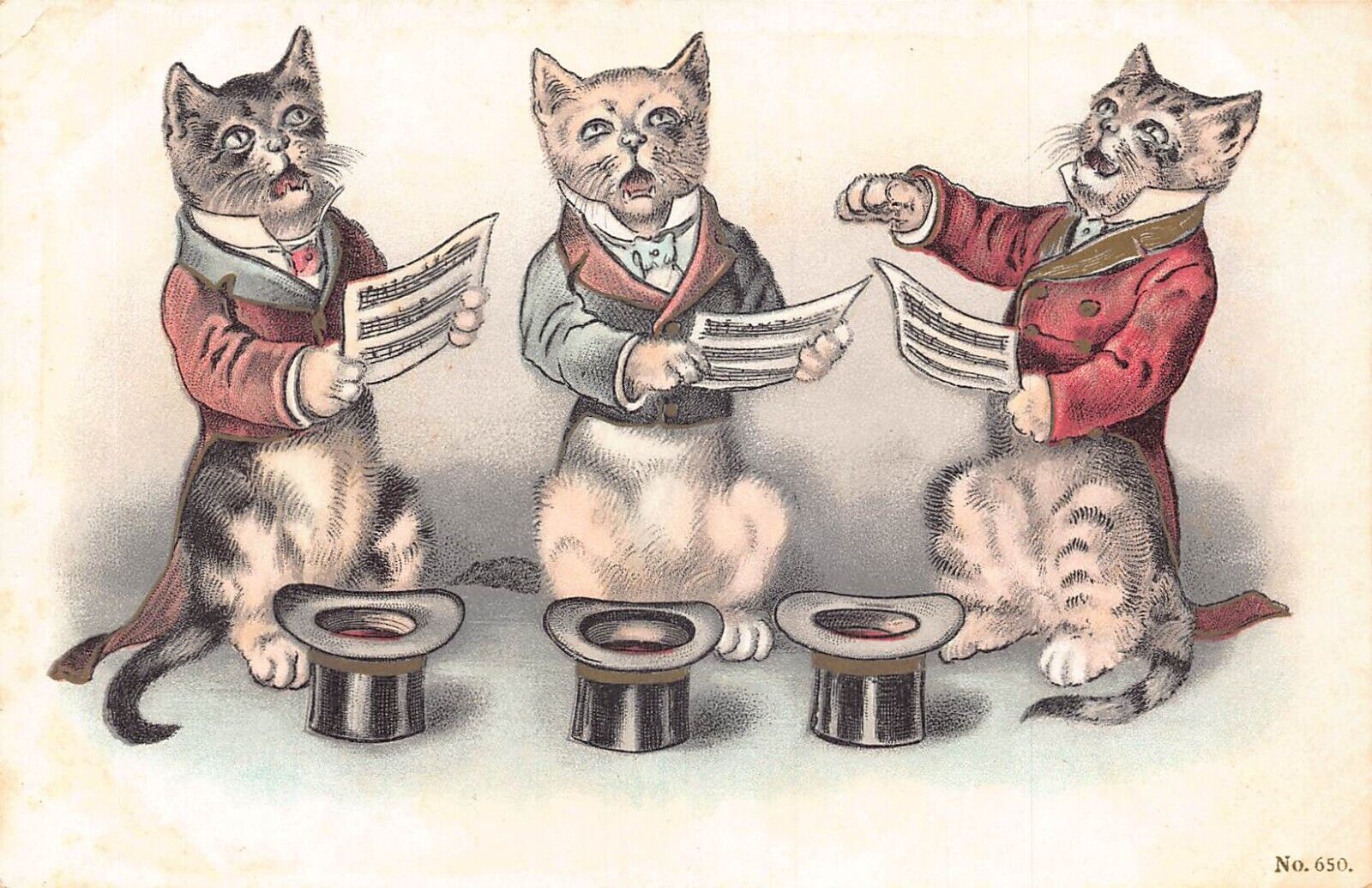 L396 Cats singing three tenors humanized vintage postcard