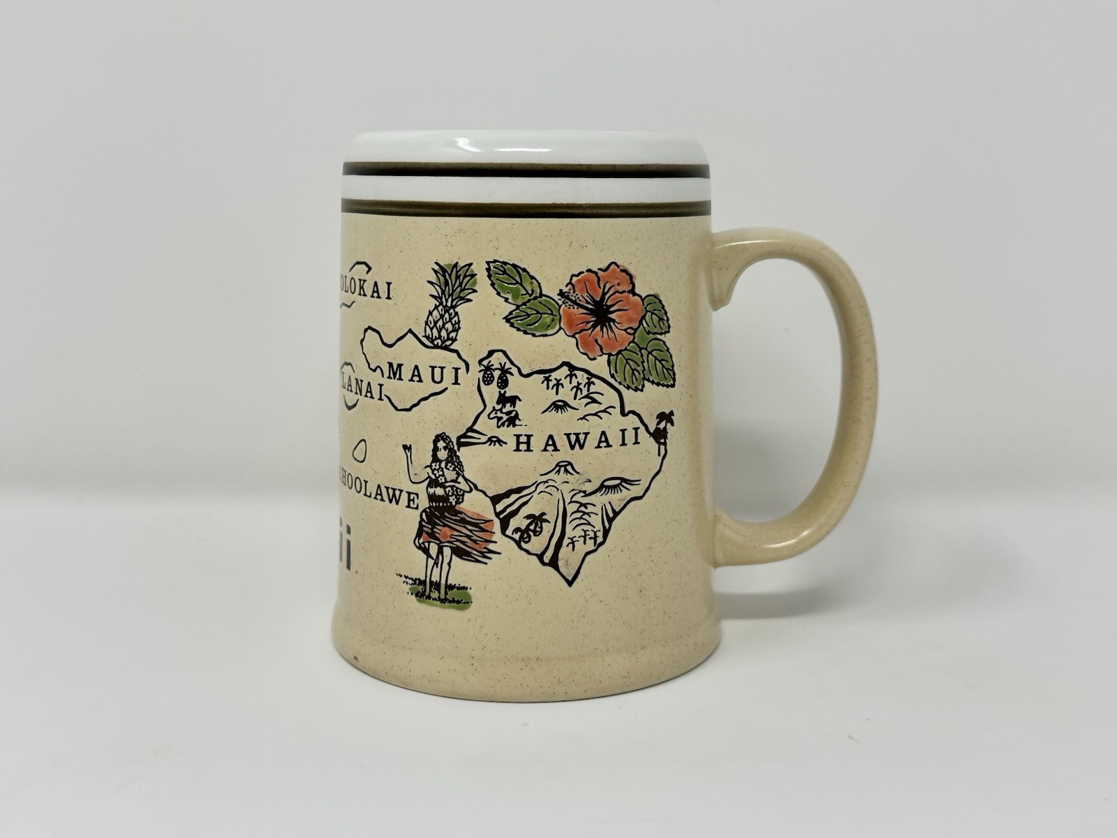Aloha Hawaii Islands Coffee Mug Souvenir Kamehameha Hula Hibiscus Vintage Style