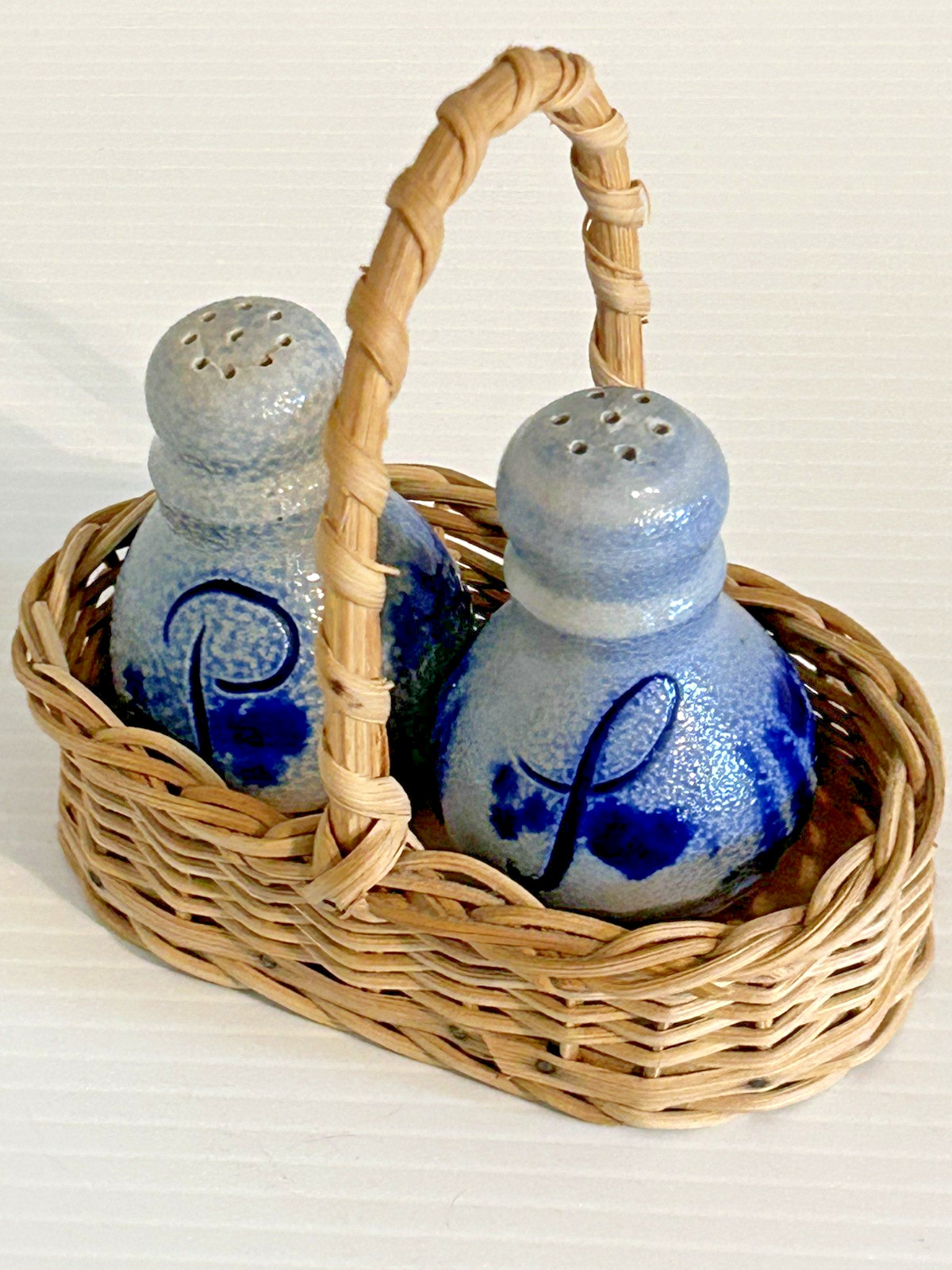 Vintage Blue Glazed Rustic Salt & Pepper Shakers w/ Basket Art Pottery Stoneware