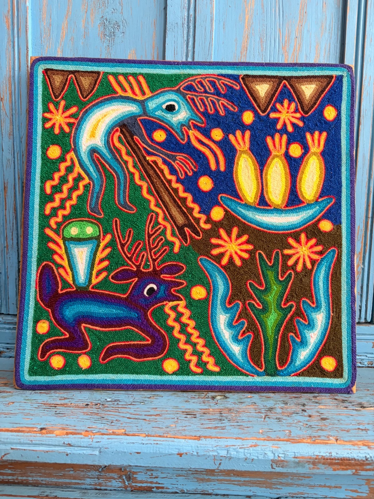 VINTAGE 12 X 12 INCH HUICHOL INDIAN MEXICO YARN PAINTING ART DEER FEAST