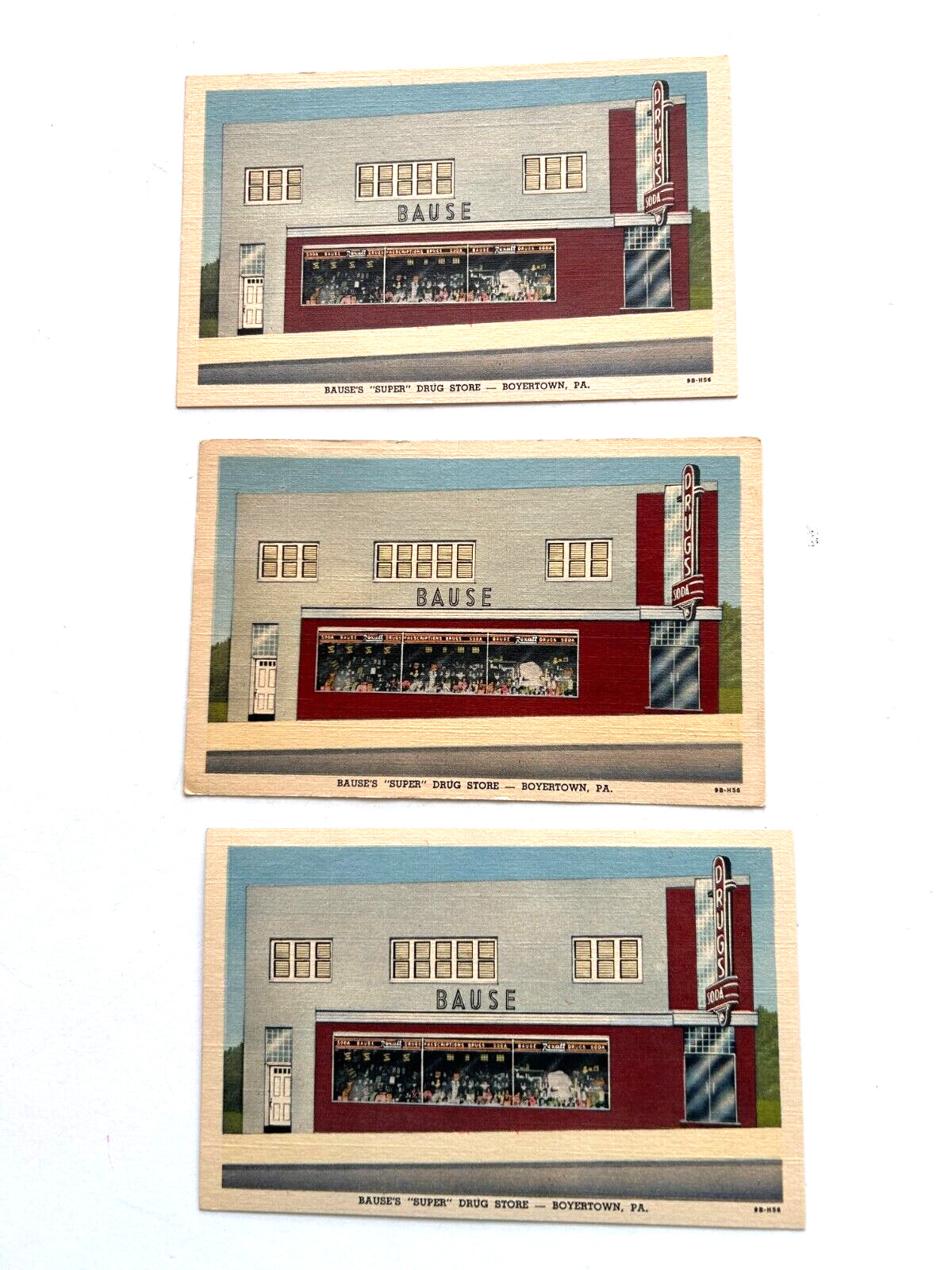 3 vintage postcards linen Bauses Drug Store Boyertown PA 1940s unposted
