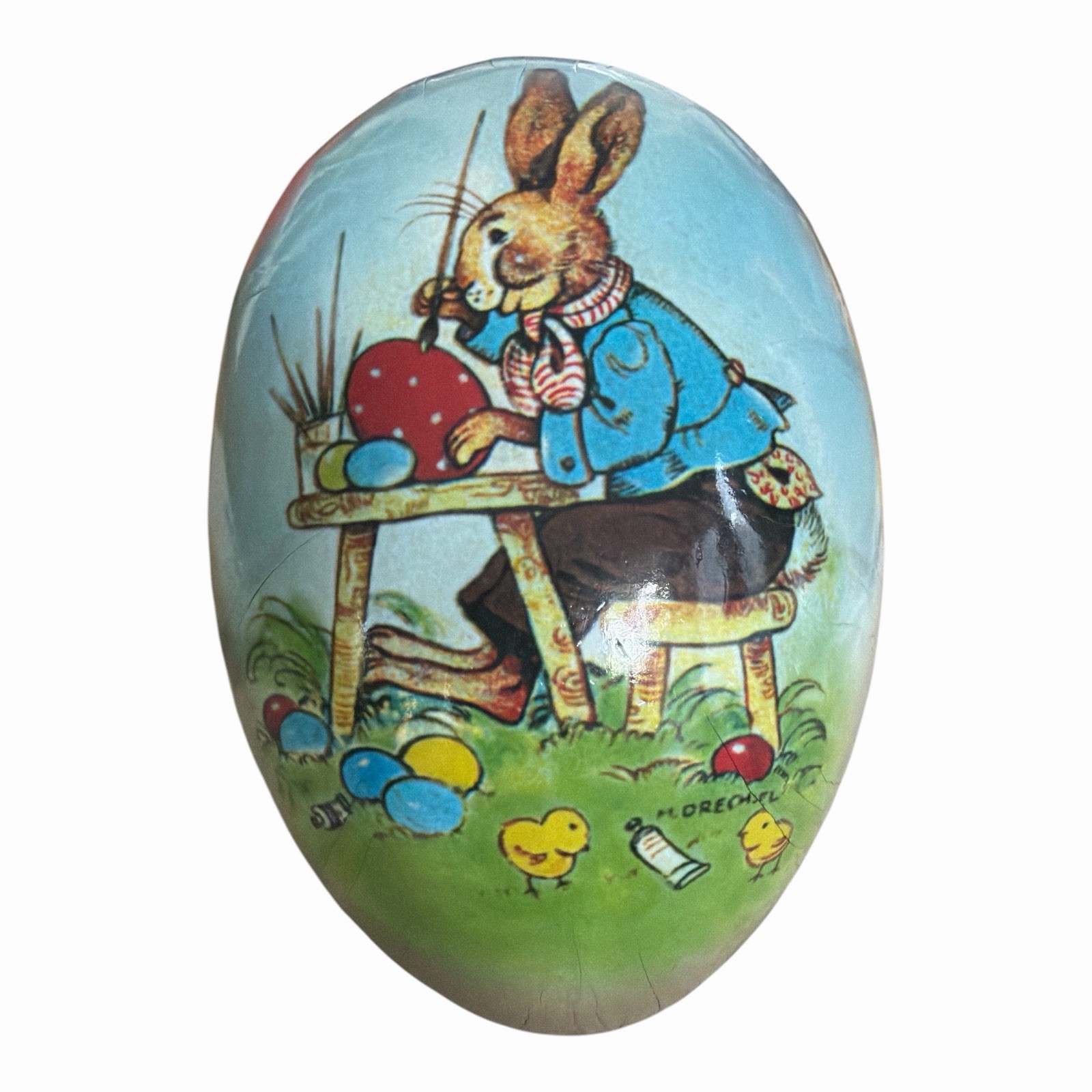 Vintage German Paper Mache Easter Egg Candy Container Bunny Artist M Drechsel