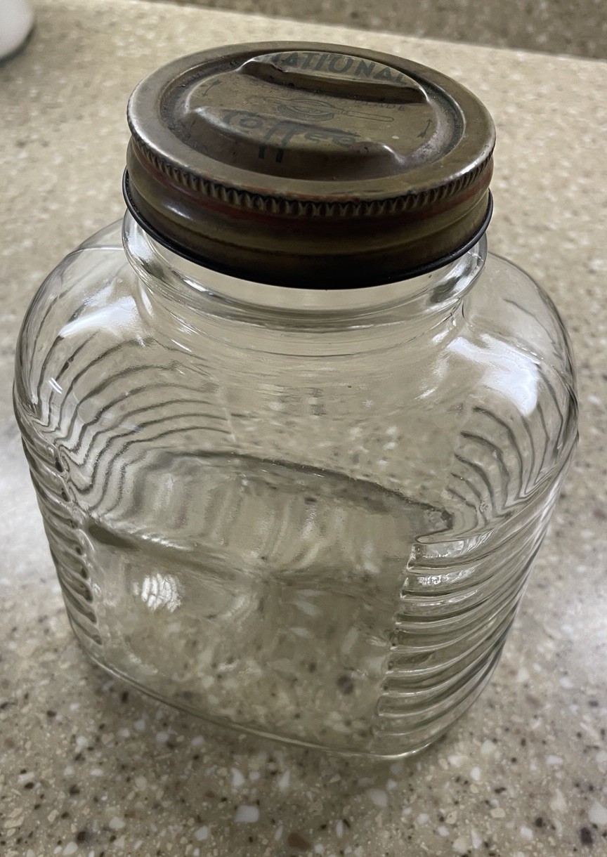 Vintage National Coffee Jar 5x5x3.5” Diamond 71S Logo On Bottom Of Jar
