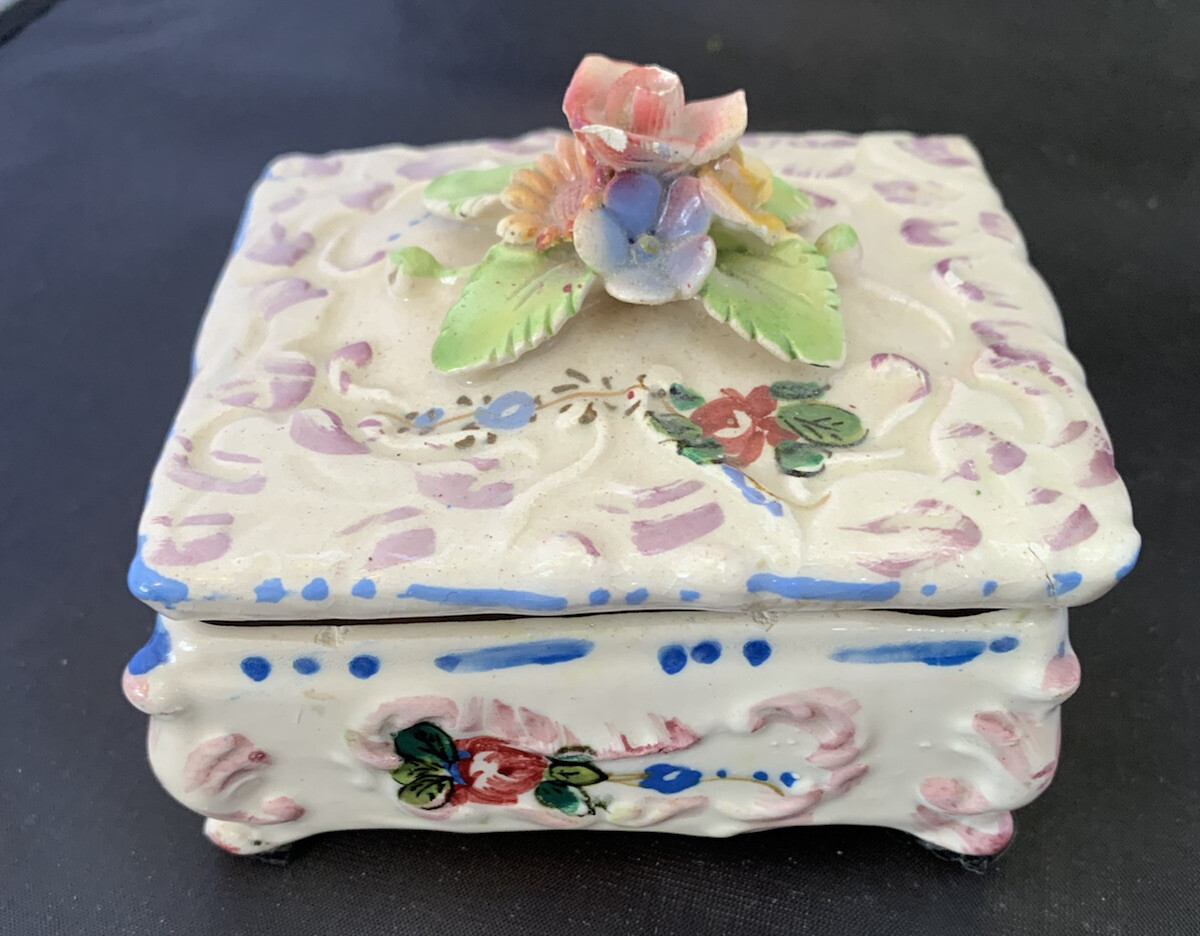 Vintage Porcelain Floral Flowers Trinket Box 4\