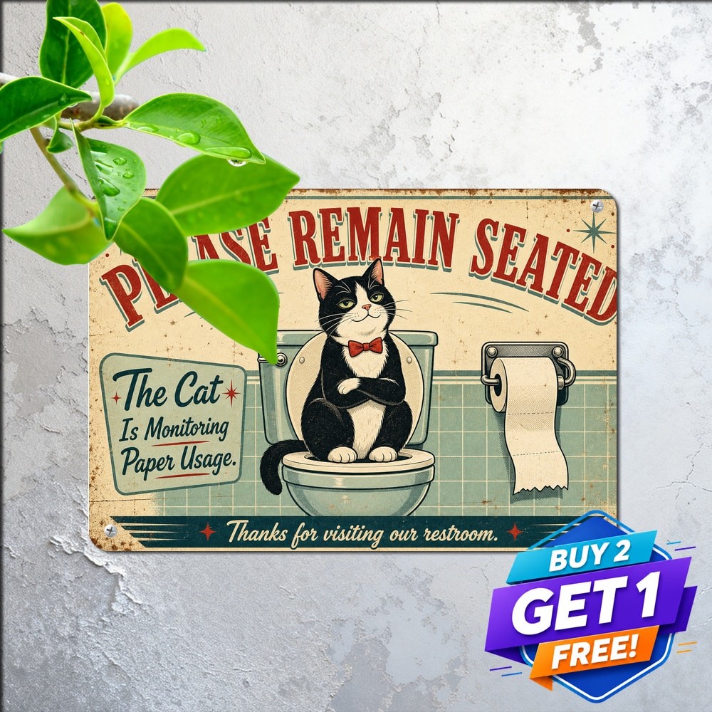Tuxedo Cat Sitting On Toilet Bathroom Restroom Humorous Metal Tin Sign