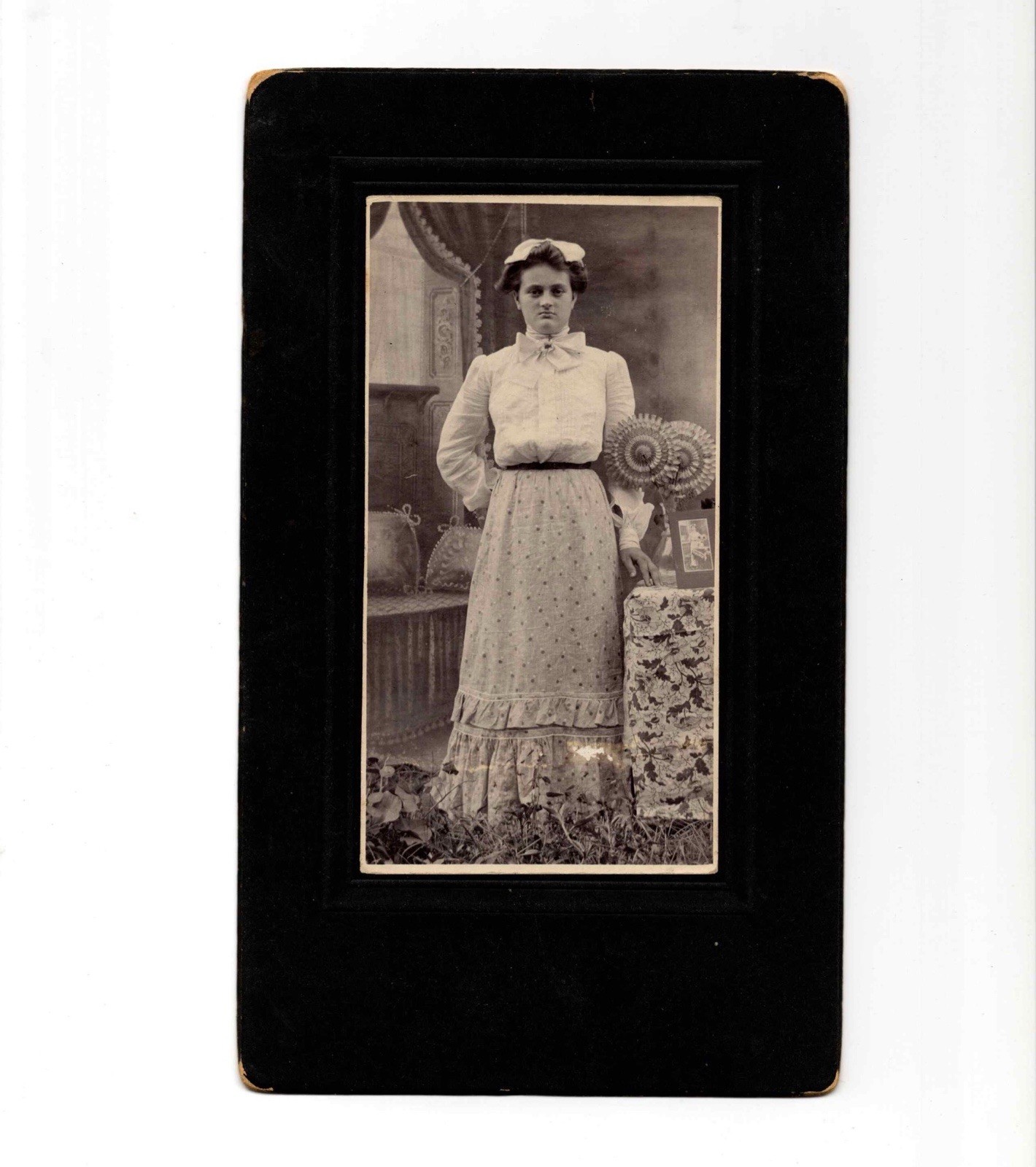 Antique 1910s Woman Sunflowers & PHOTO AT SAME STUDIO White Dress Bow 8.5x5”