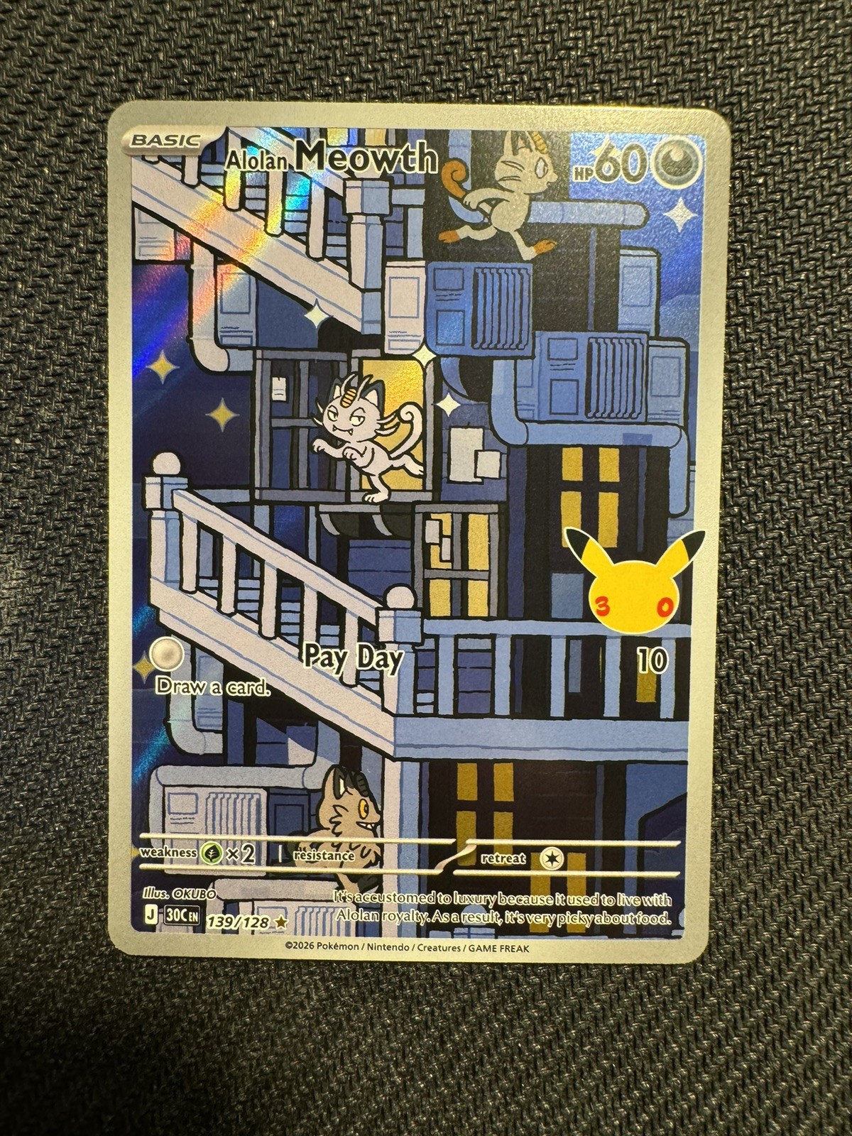 Alolan Meowth 139/128 Illustration Rare 30th Anniversary Celebration NM