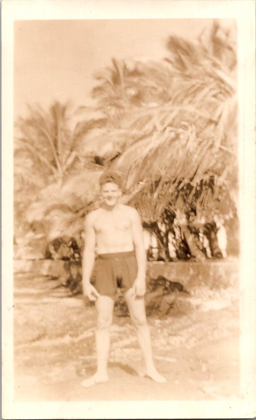 Vintage 1930s Snapshot Photo Young Man Swimsuit Bathing Suit Palm Trees Beach