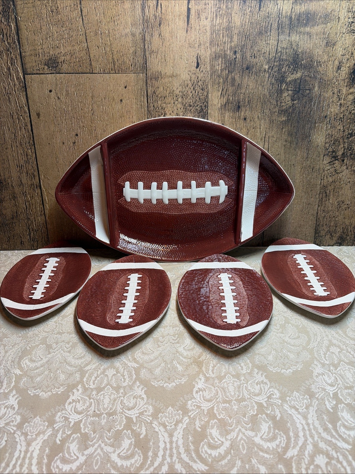 Football Snack Platter and (4) plates. Ceramic. 2004 Boston Warehouse Trading Co