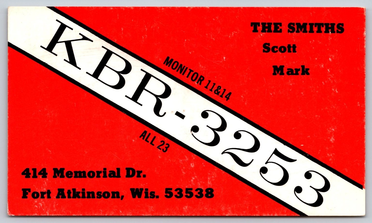 Vintage KBR-3253 The Smiths Fort Atkinson Wisconsin CB Radio QSL Postcard B35