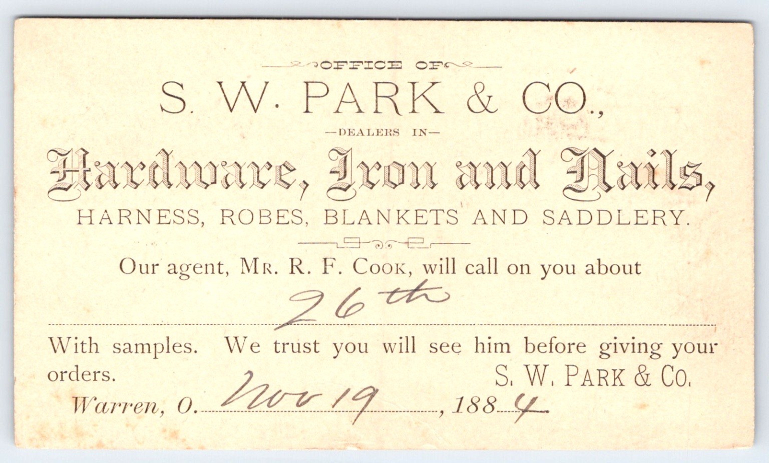 1884 S.W. Park & Co. Hardware Warren, OH Postal Card Advertising Antique