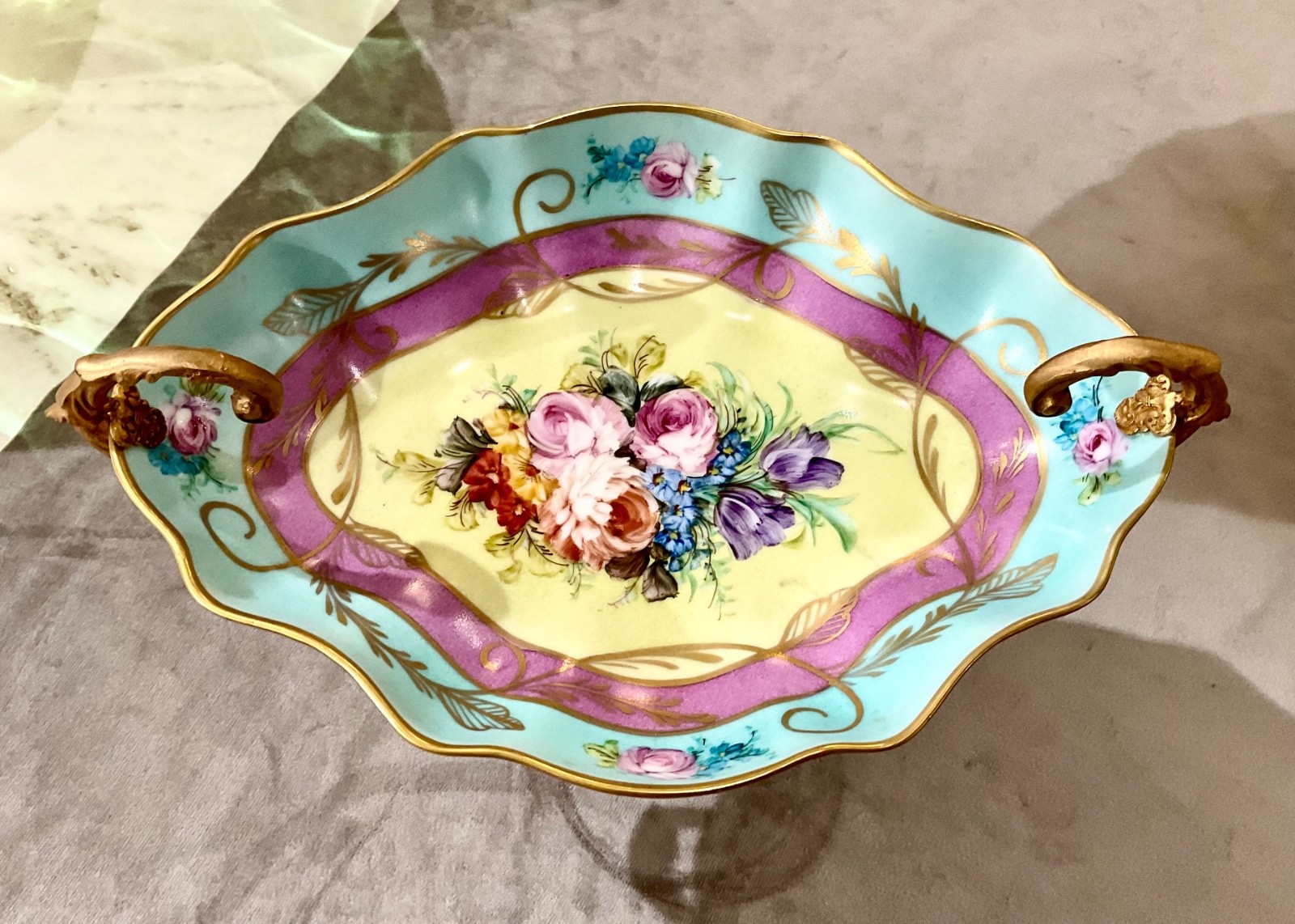 Limoges France Porcelain Compote Bowl Gilt Bronze Ormolu Mounts Hand Painted 10