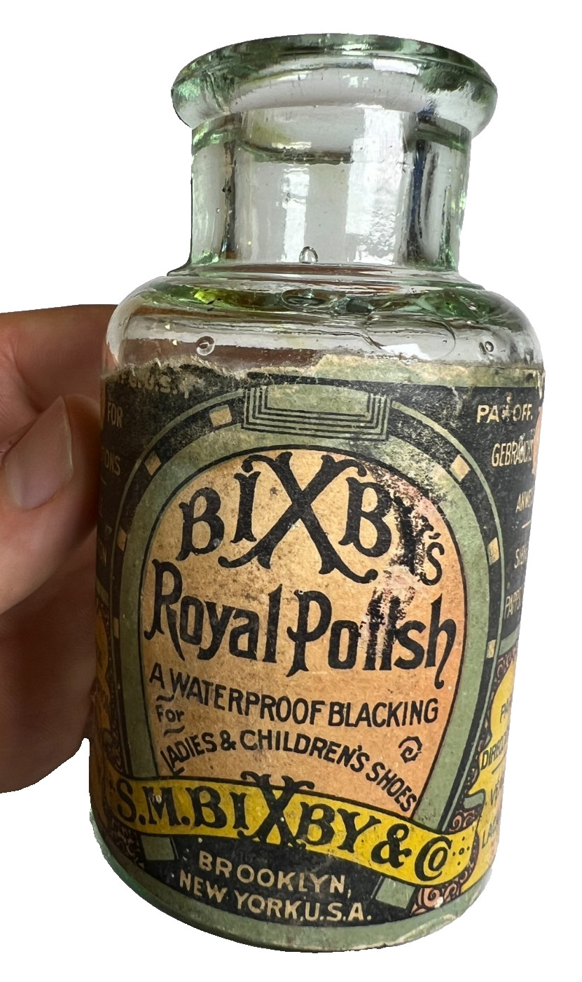 Antique Bixby's Royal Polish Shoe Blacking Bottle Art Nouveau Label Brooklyn NY