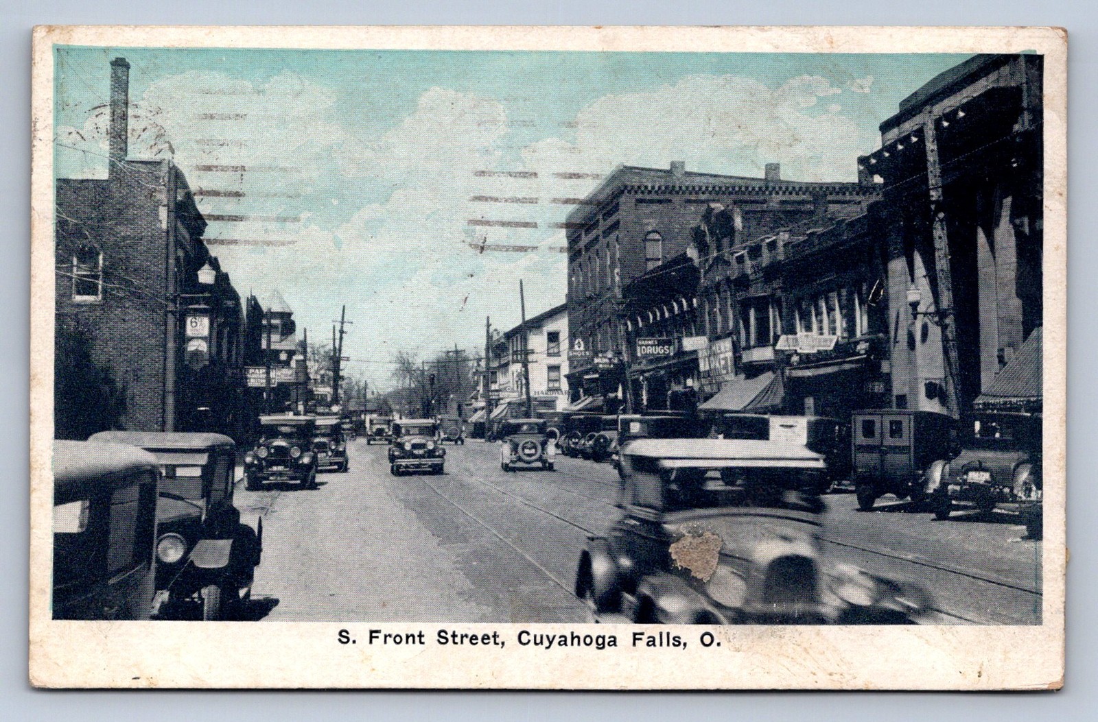 J87/ Cuyahoga Falls Ohio Postcard c1920 South Front Street Stores Autos  1228