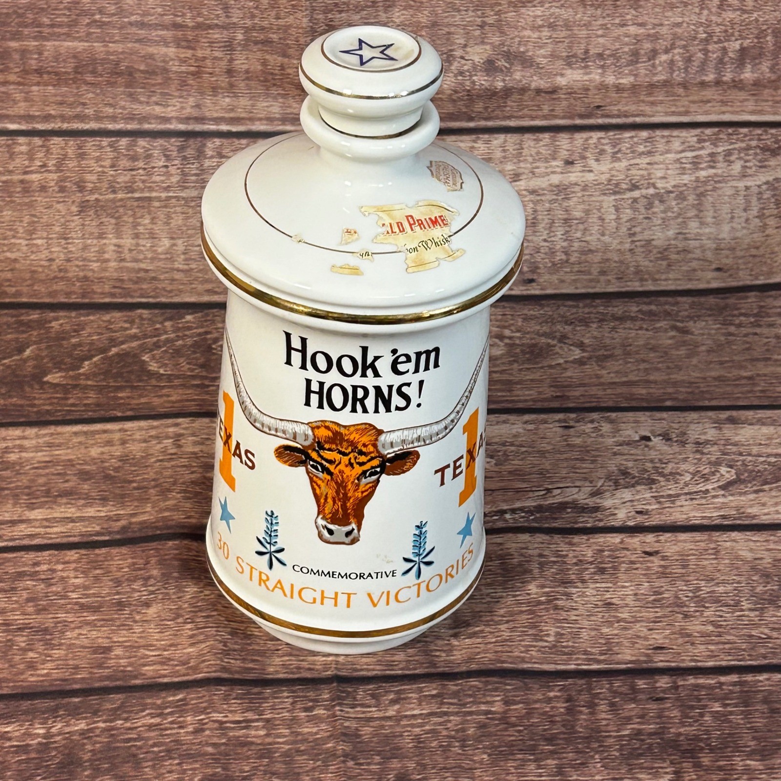 Vintage 1971 Stitzel-Weller Texas Longhorns 30 Victories Porcelain Decanter 9in