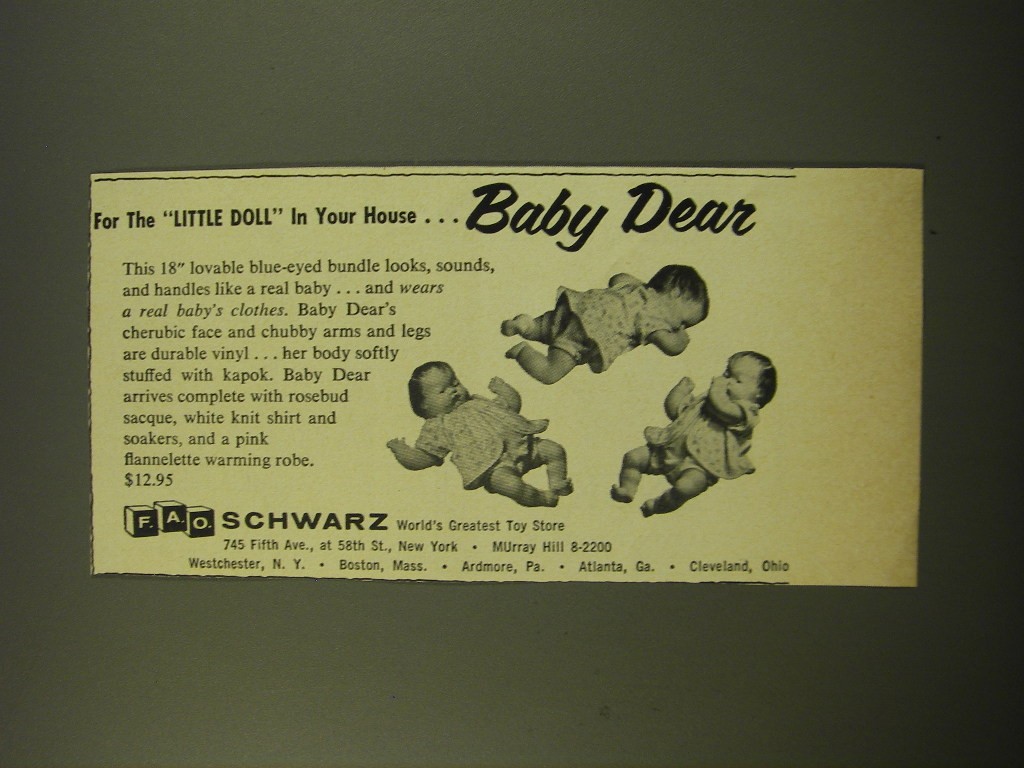 1961 FAO Schwarz Baby Dear Doll Ad - For the Little Doll in your house