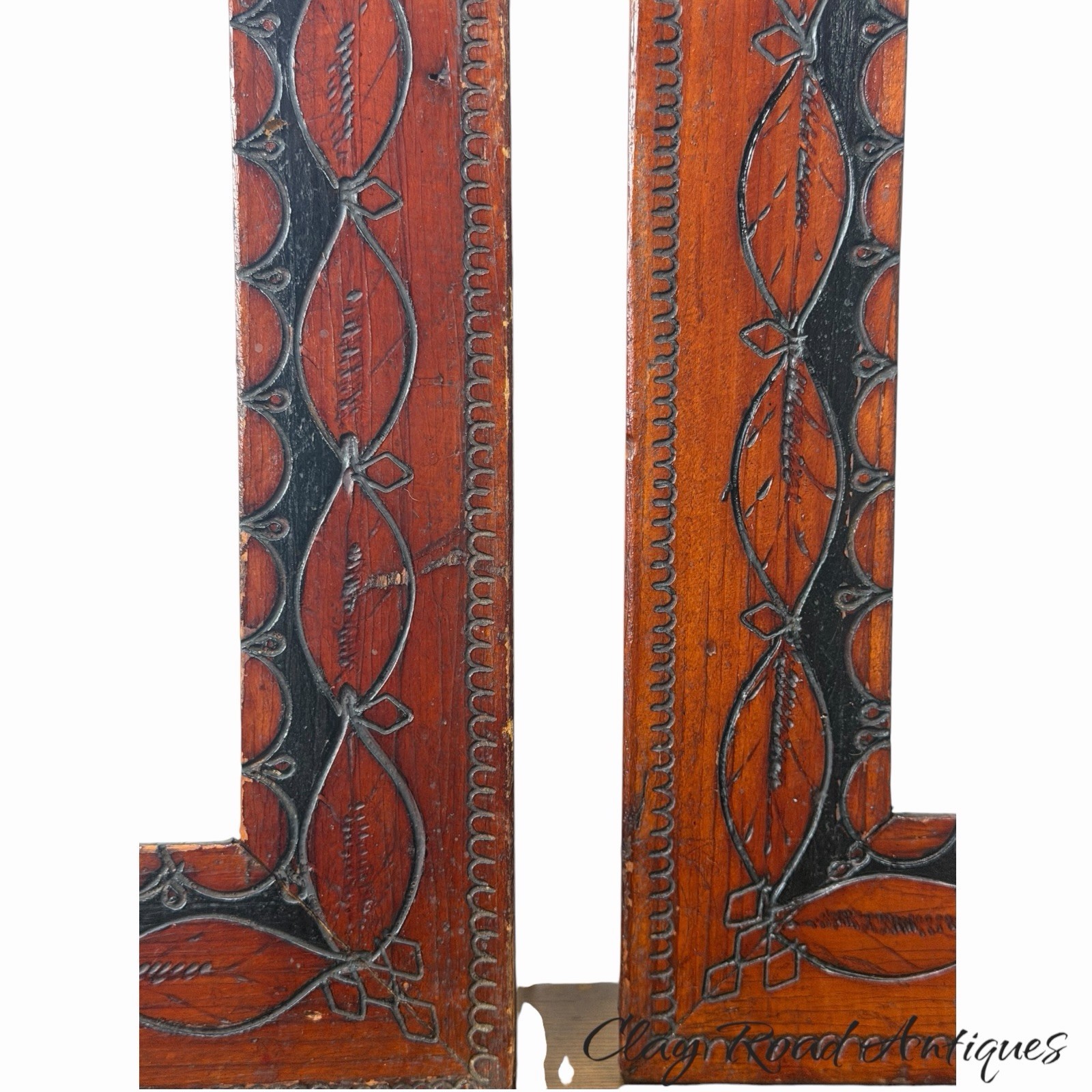 Pair Antique 19th C Folk Art Carved Wood Picture Frames incised ebonized paint