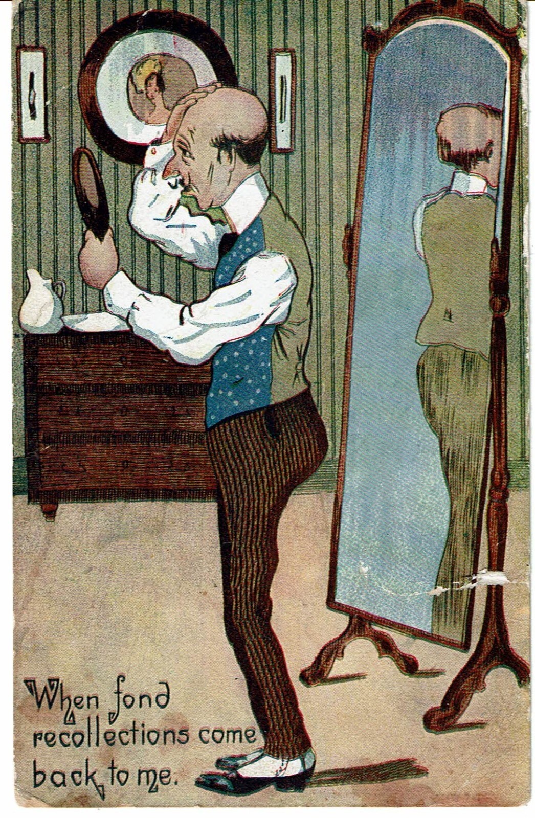 1908 Vintage comical bald man missing hair postcard humor joke lithograph