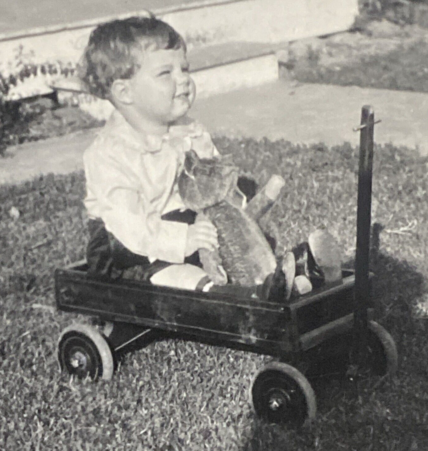 1925 Boy Holding Stuffed Animal Teddy Bear Wagon San Diego California Real Photo