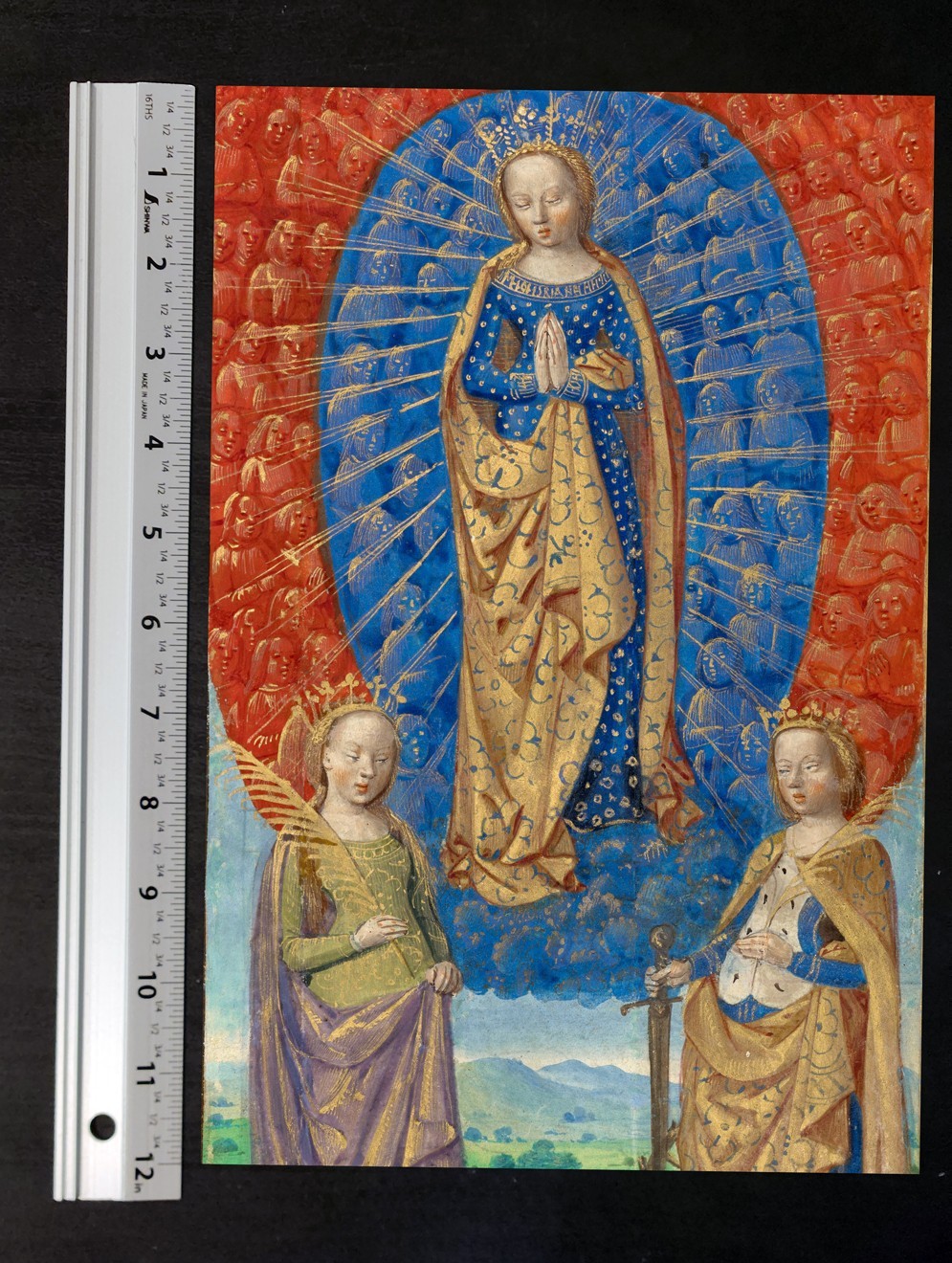 Virgin Mary with Saint Barbara and St Catherine, medieval manuscript 8x12 print