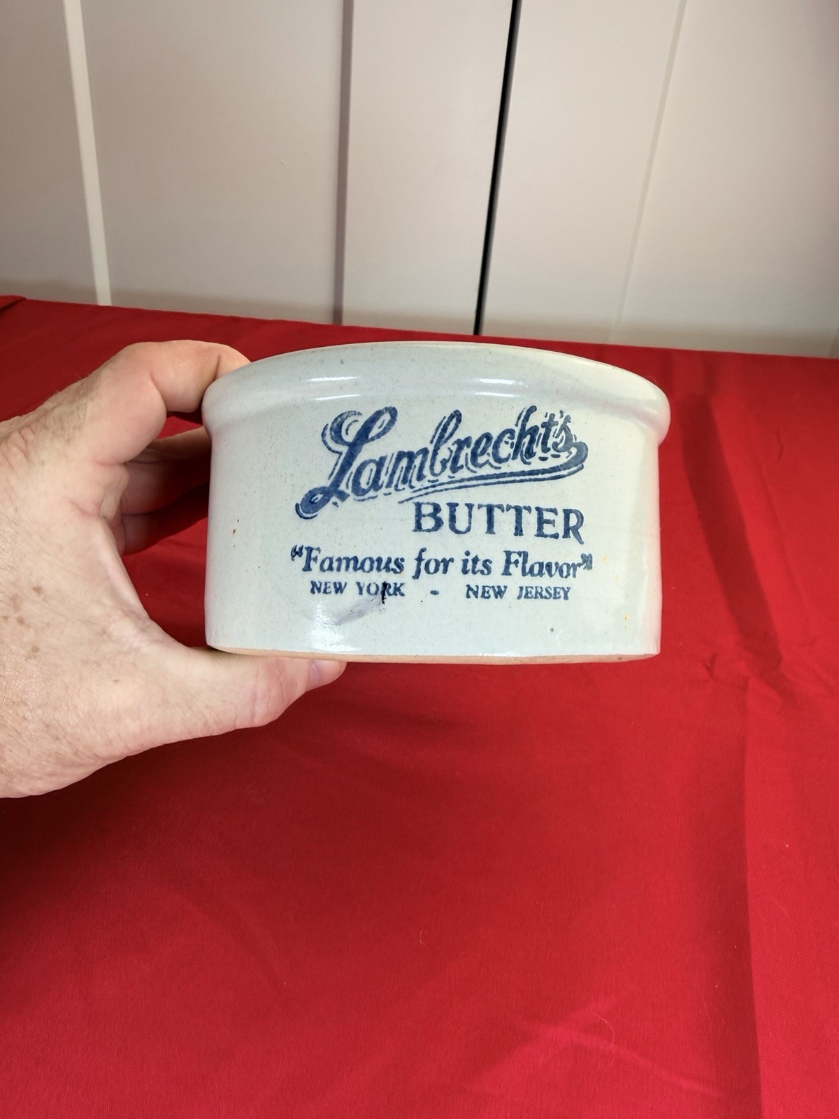 Antique Lambrecht Butter Crock 5.5” Stoneware Dairy Tub NY NJ Advertising Vtg