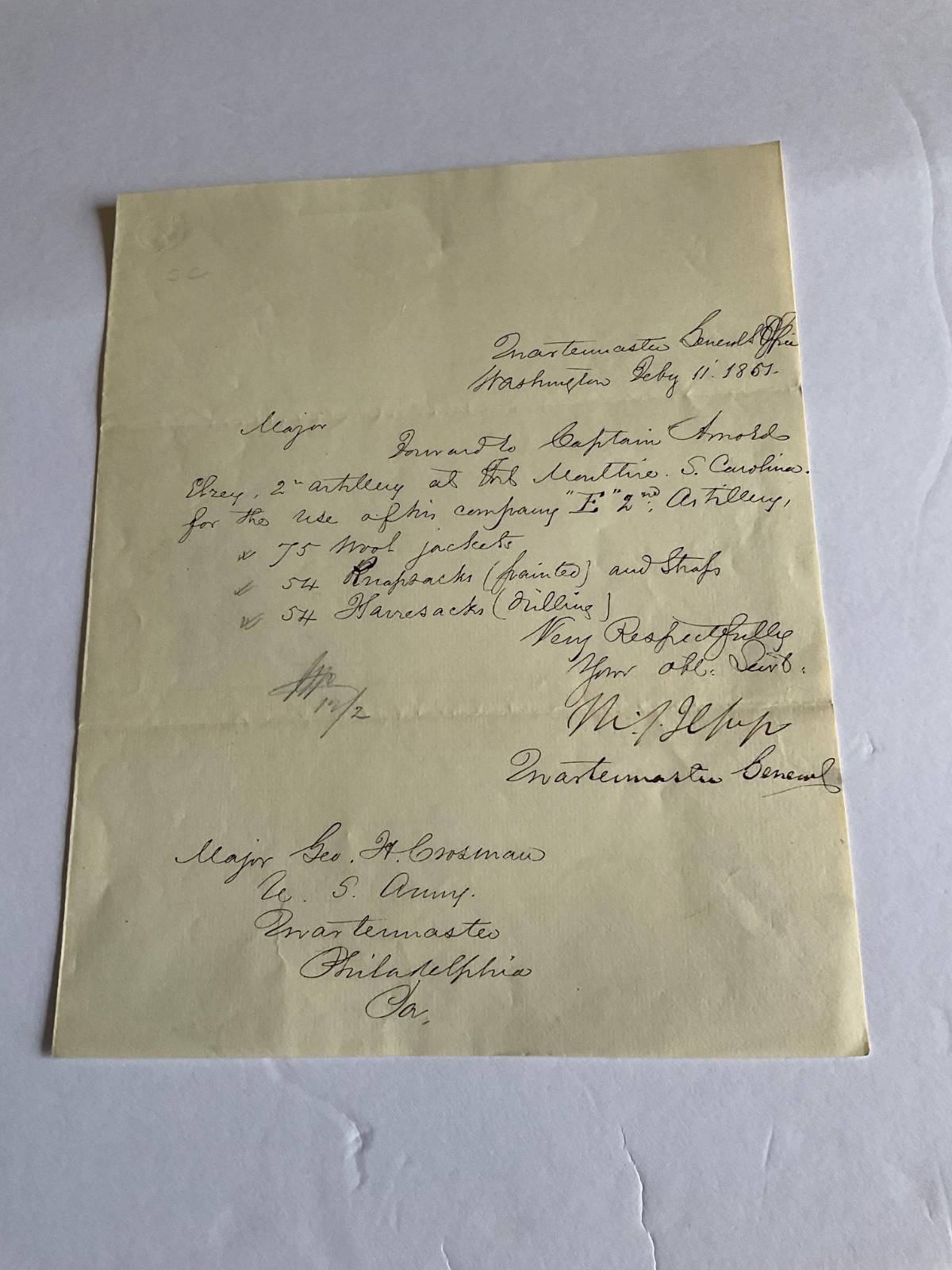 FORT MOULTRIE SOUTH CAROLINA 2d ARTILLERY US ARMY UNIFORMS LETTER 1851 ORIGINAL