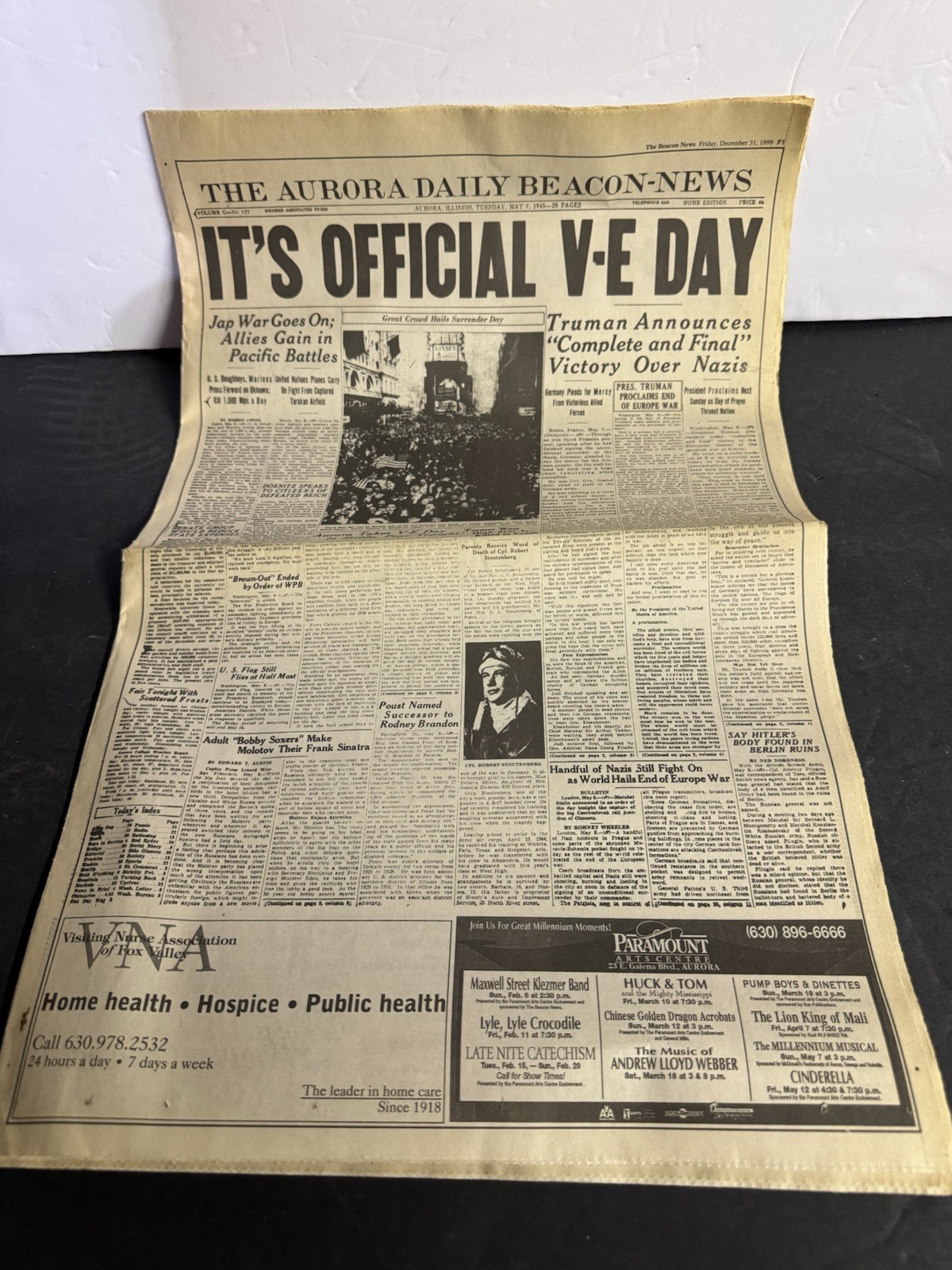 WW2 May 8, 1945 VE-Day - Japan Surrenders - Aurora IL Daily Beacon News