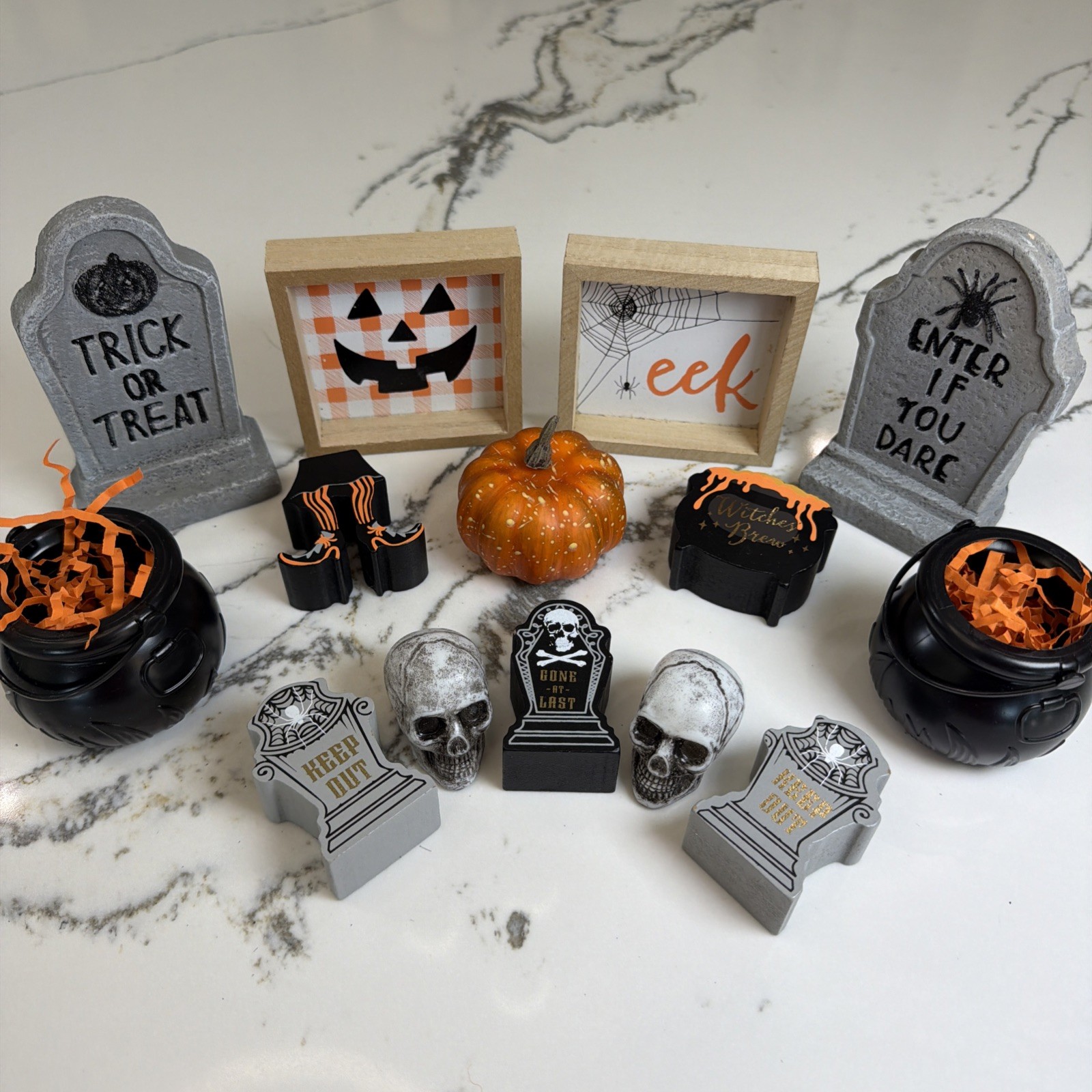 Halloween Miniatures Lot Of 14 Mini Decor Witch Skeleton Pumpkin Tombstone Brew