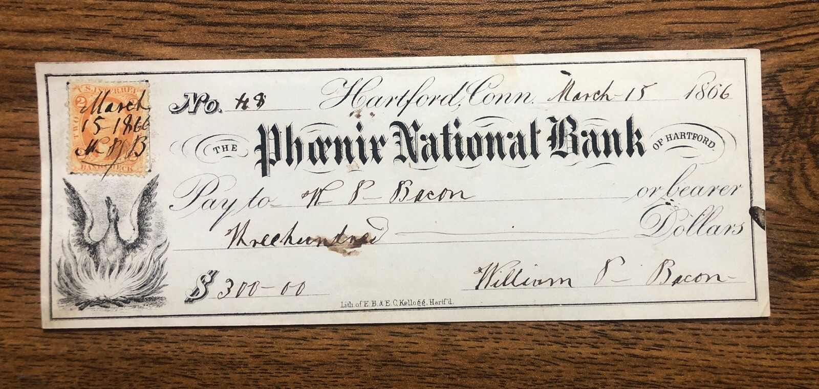 1866 Civil War Lt Col William P Bacon 5th New York Cavalry Regiment Signed Check