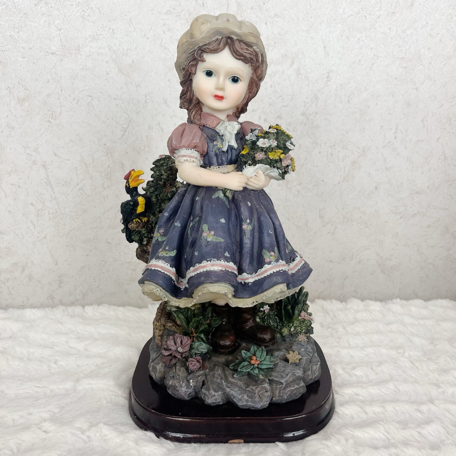 Vintage Resin Victorian Girl With Flowers Toucan Bird Figurine Cottage Whimsy