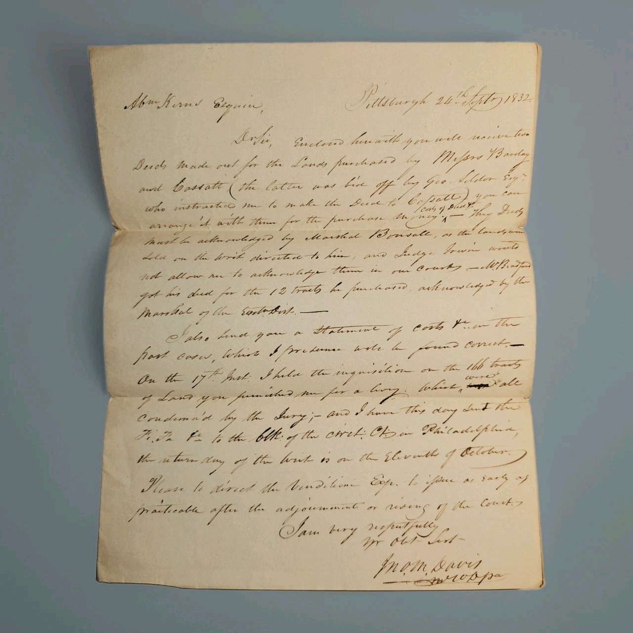 1832 U.S. Marshal John M. Davis Letter 166 PA Land Tracts O&H Watermark