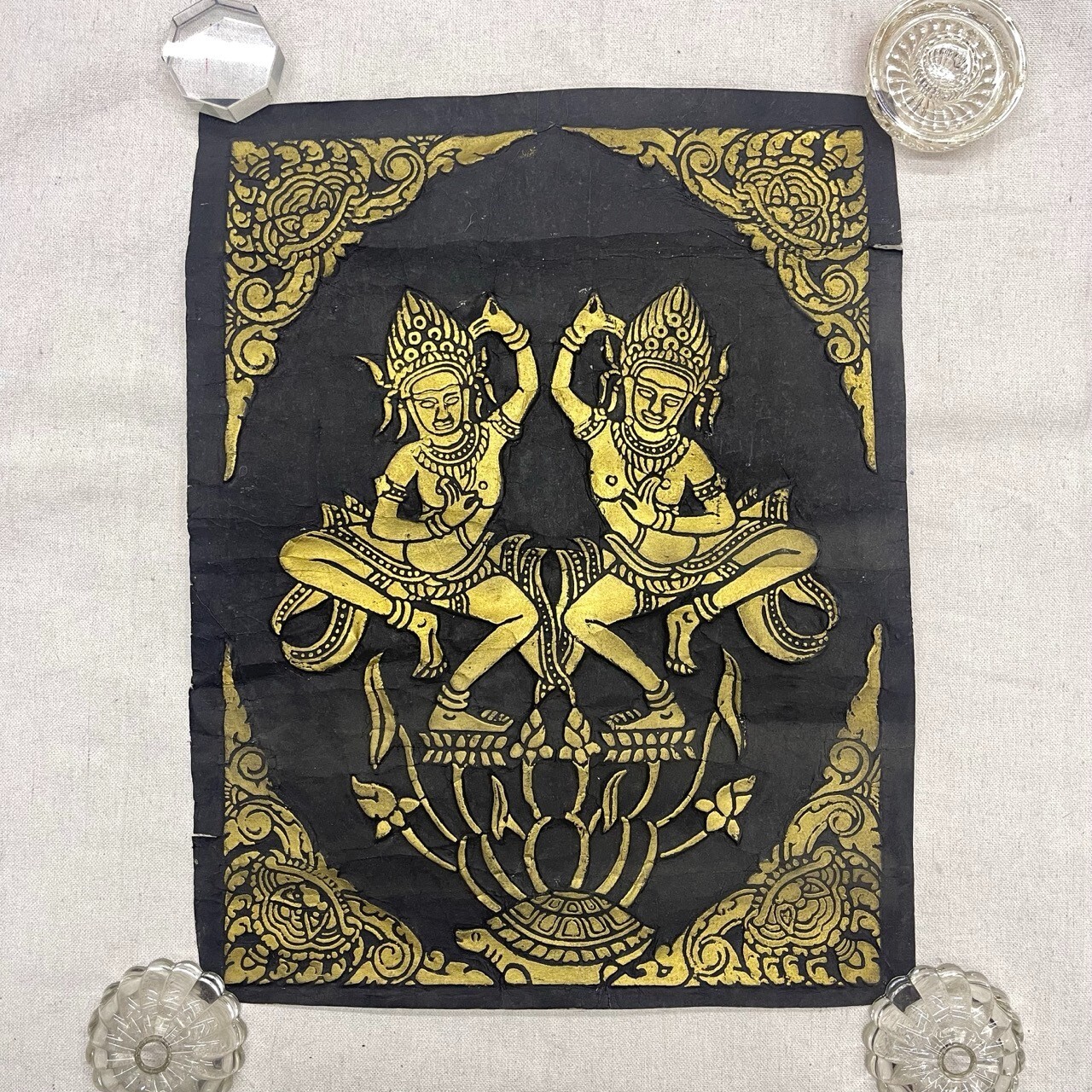 Gold & Black Cambodian Angkor Temple Relief Rubbing Dancing Yakshinis Lotus Pond