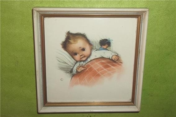 VINTAGE LITTLE BABY GIRL SLEEPING with HER DOLL FRAMED PRINT ~ MADE in GERMANY