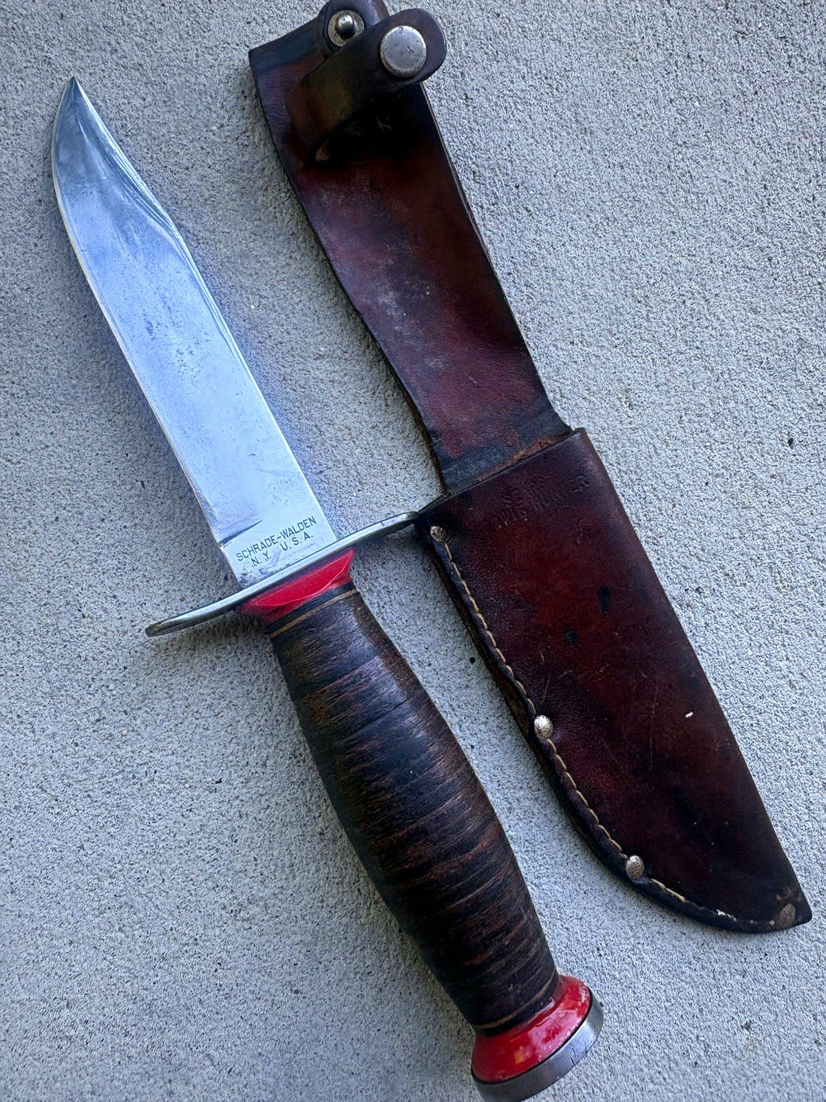 Vintage 1946-73 Schrade Walden USA  sears bowie hunter Knife w/Sheath nice shape