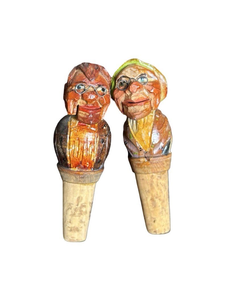 2 VTG Brevettato Anri Wood Hand Carved Mechanical Bottle Corks Old Couple Italy