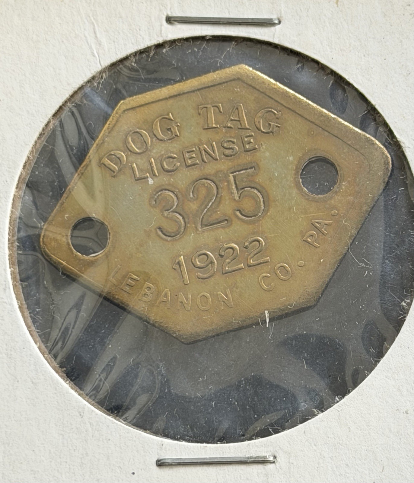 Antique 1922 LEBANON COUNTY PA #325 Dog Tax Paid HEXAGON Shaped Pet License Dog