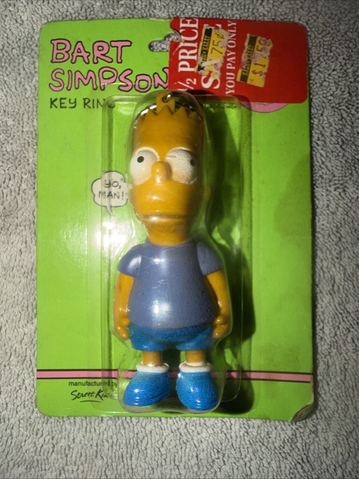 VINTAGE 1990 The Simpsons BART SIMPSON Key Ring Blue Shirt Sealed Keychain (c1)