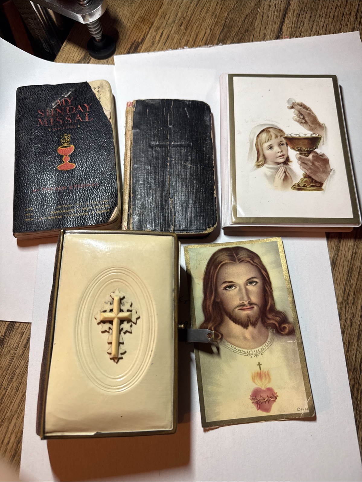 Vintage Catholic Book Lot 1885 German Missel Pressed 4 Leaf Clover 5+ Holy Cards