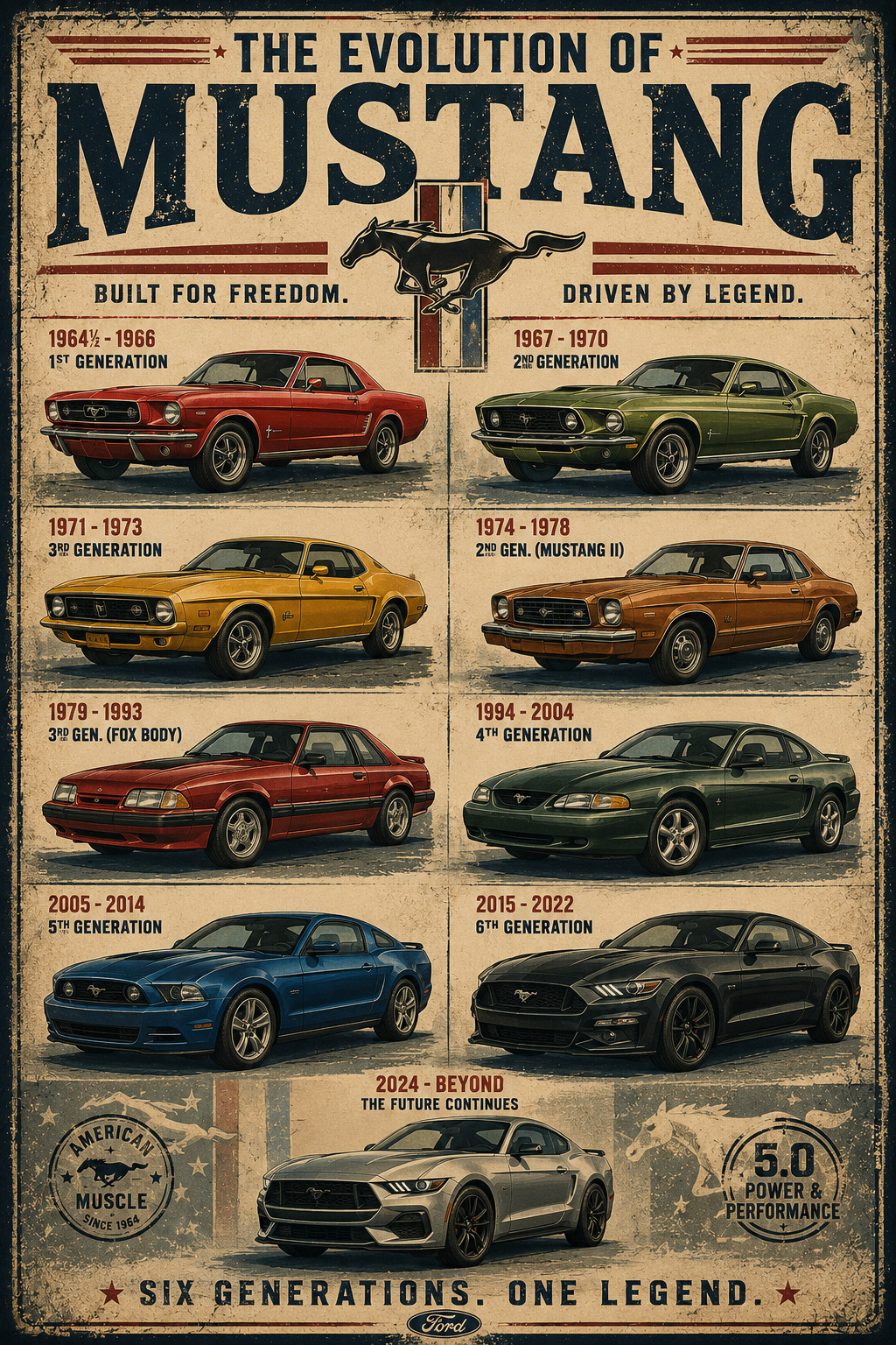 Ford Mustang Evolution Poster 1964–2025 Vintage Muscle Car Wall Art Print 13x19
