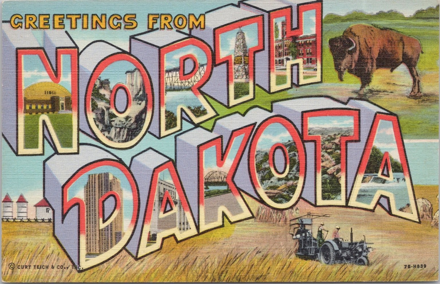Greetings From North Dakota Large Letter Postcard Bison Capitol Linen CT 1947