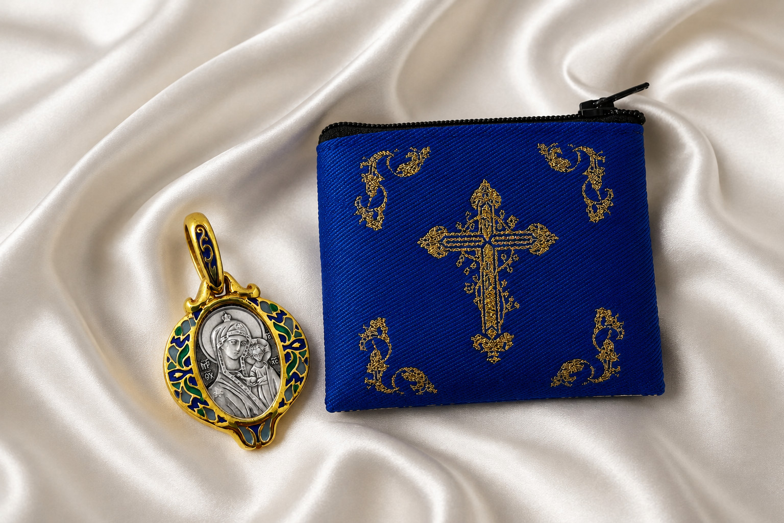 24KT Gold Plated .925 Sterling Silver Virgin Mary Hand Enameled Pendant with Bag